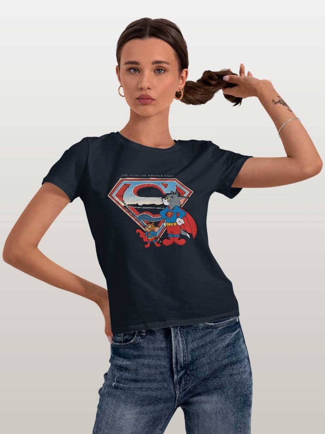 

macmerise Women Printed Extended Sleeves Applique T-shirt, Navy blue