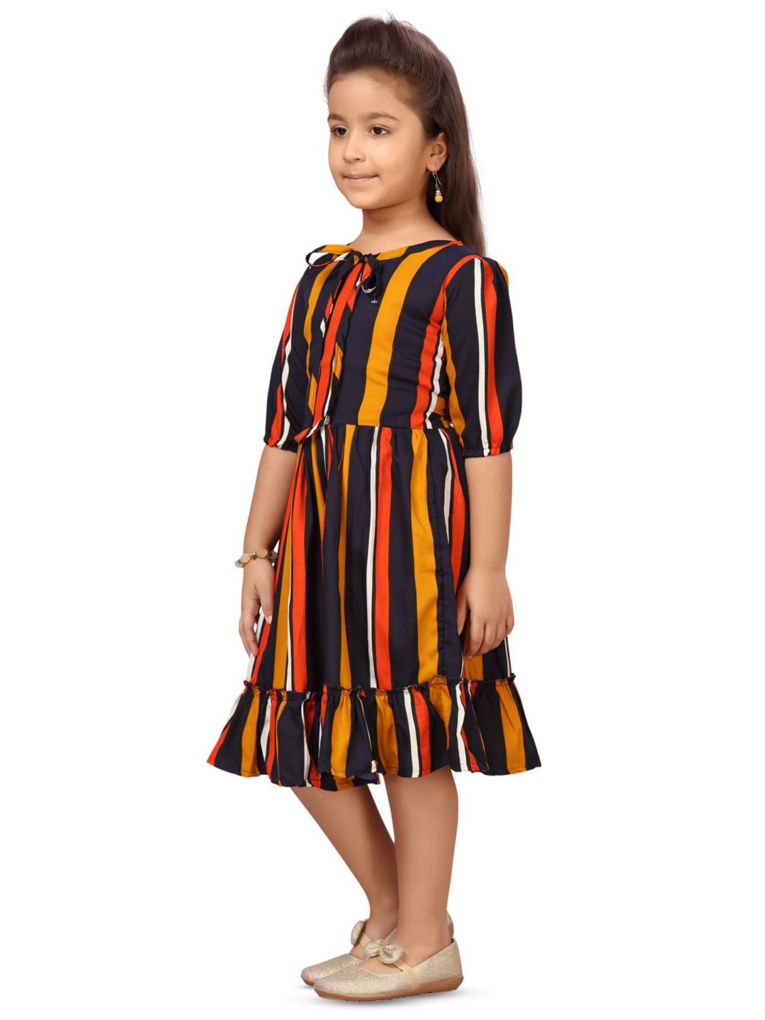 

BAESD Girls Striped Tie-Up Neck Fit & Flare Dress, Yellow