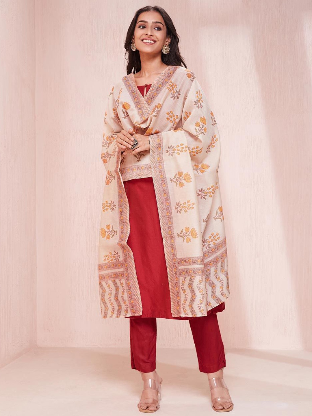 

Fabindia Floral Printed Cotton Silk Dupatta, White