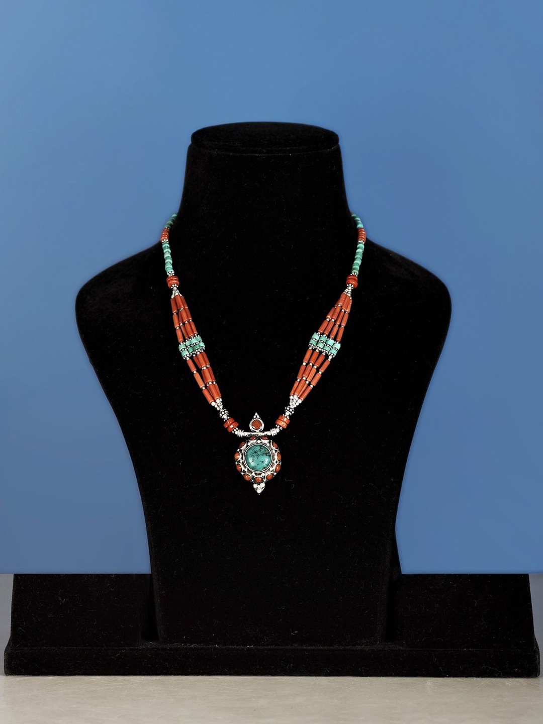 

Exotic India Coral and Turquoise Stone Tibetan Style Necklace, Silver