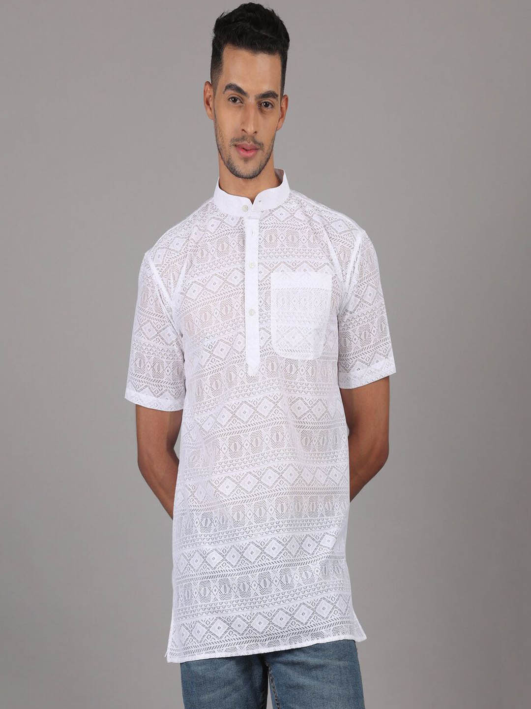 

RIAG Geometric Embroidered Band Collar Straight Kurta, White