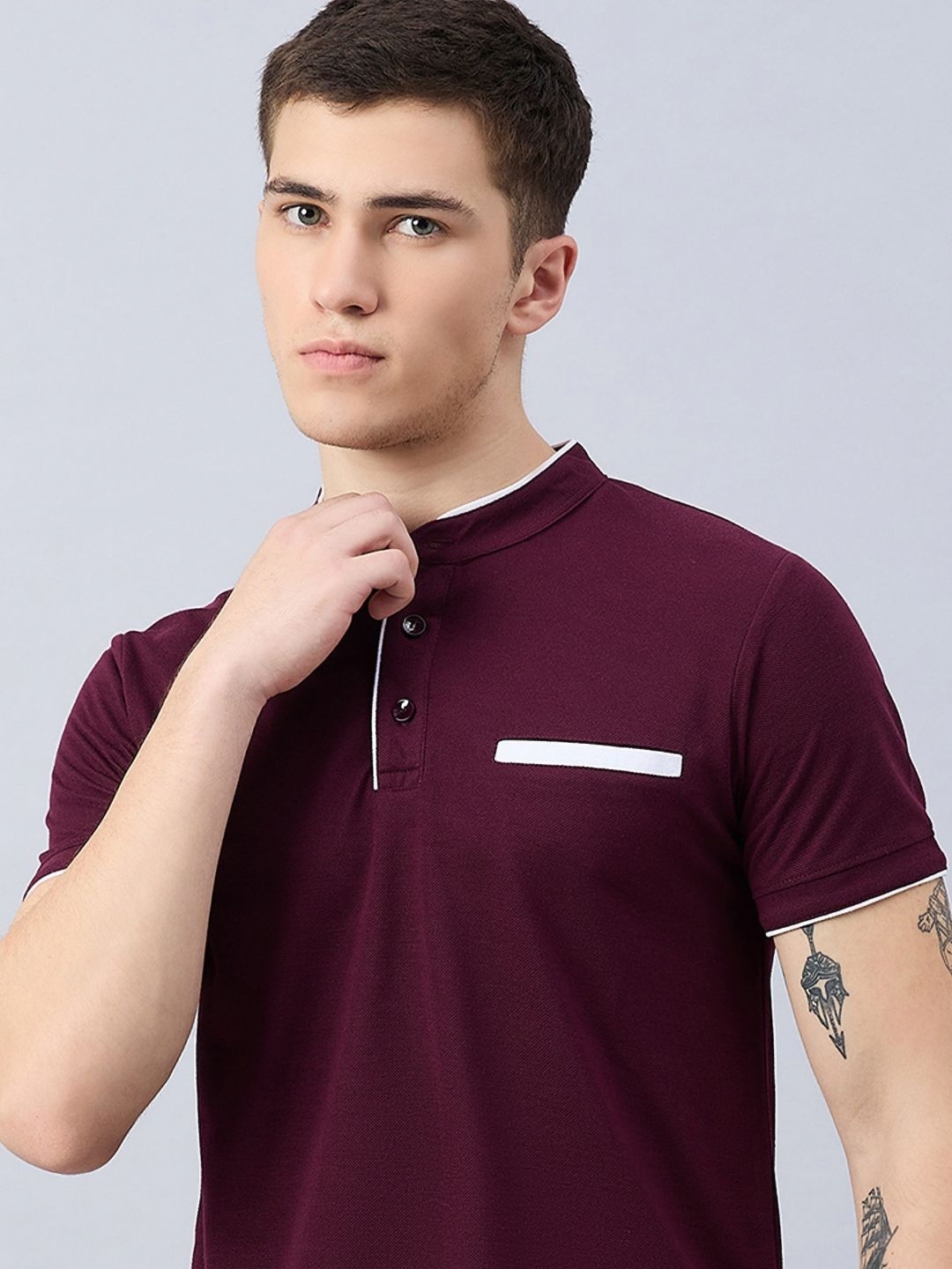 

Zigo Men Colourblocked Polo Collar Pockets T-shirt, Maroon