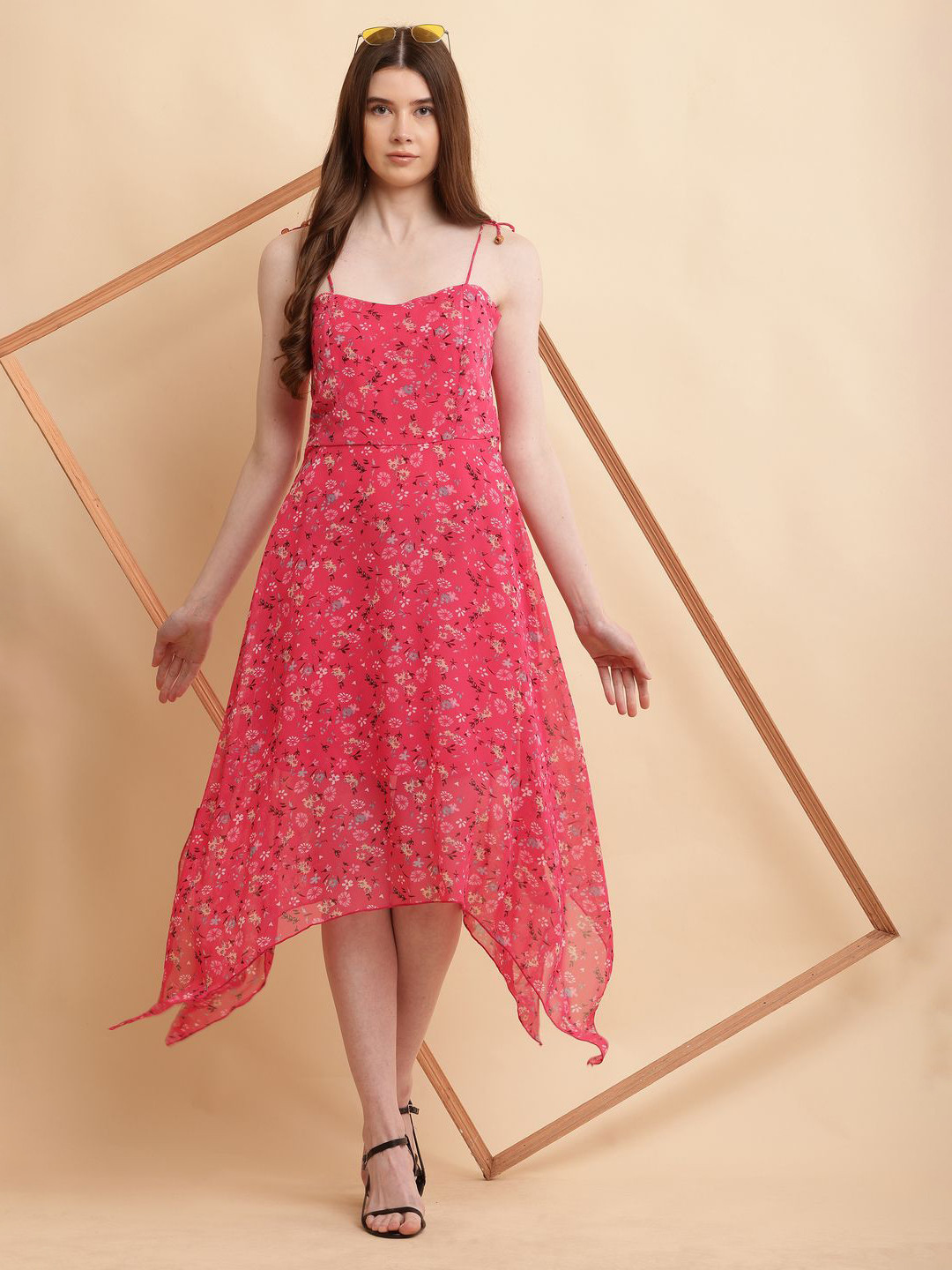 

Absorbing Women Floral Print Shoulder Straps Sleeveless Asymmetric A-Line Midi Dress, Pink