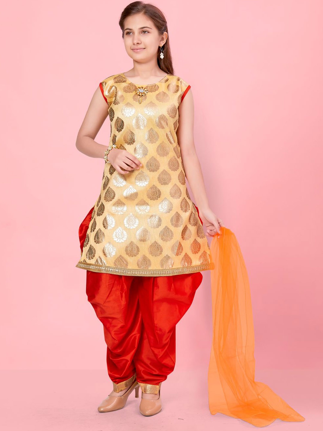 

BAESD Girls Ethnic Motifs Woven Design Pure Silk Kurta with Patiala & Dupatta, Beige