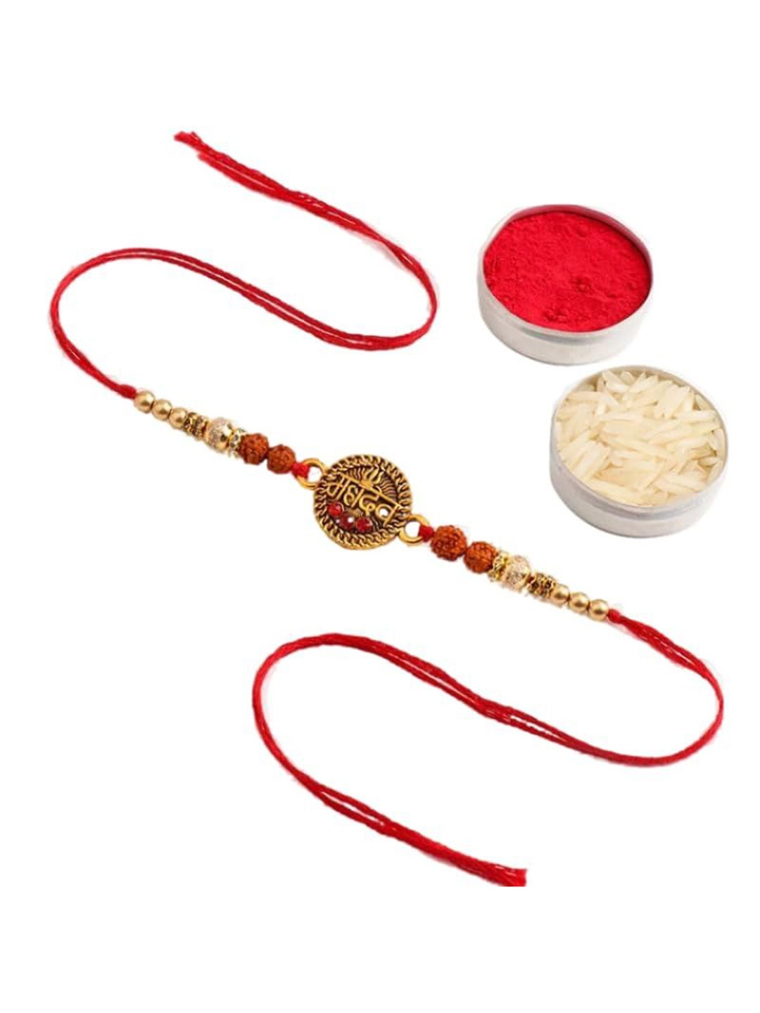 

Floweraura Mahadev Rudraksh Beaded Thread Rakhi with Roli Chawal, Red
