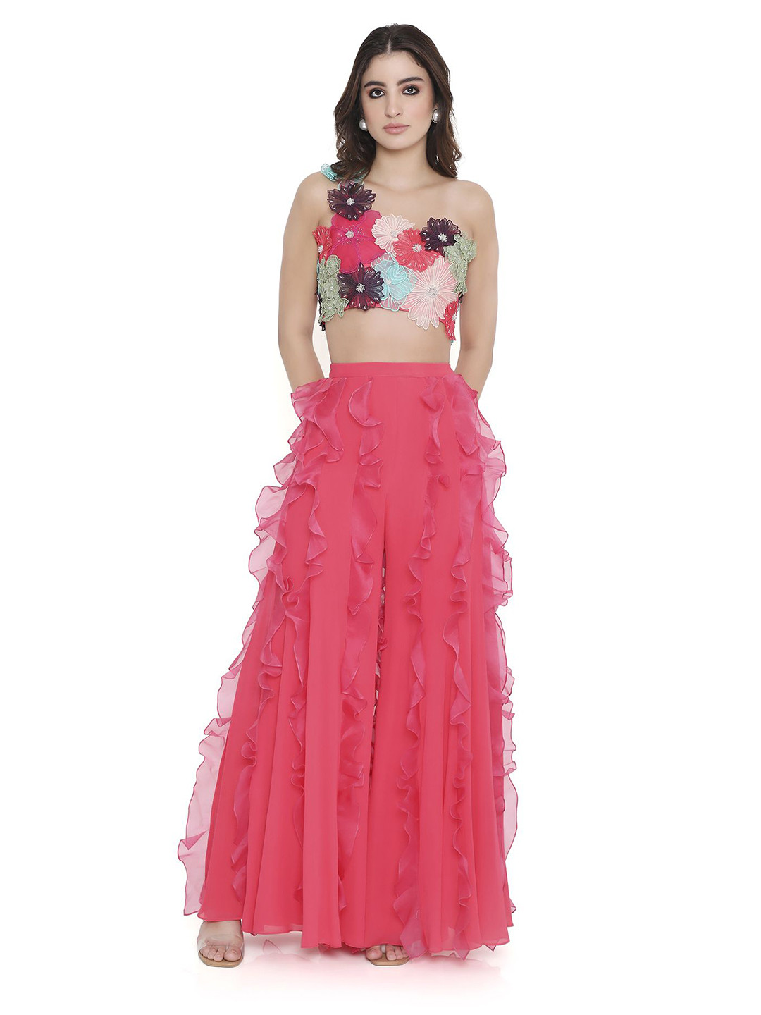 

Payal Singhal Rosetta Floral Embroidered One Shoulder Top With Ruffles Palazzo, Coral