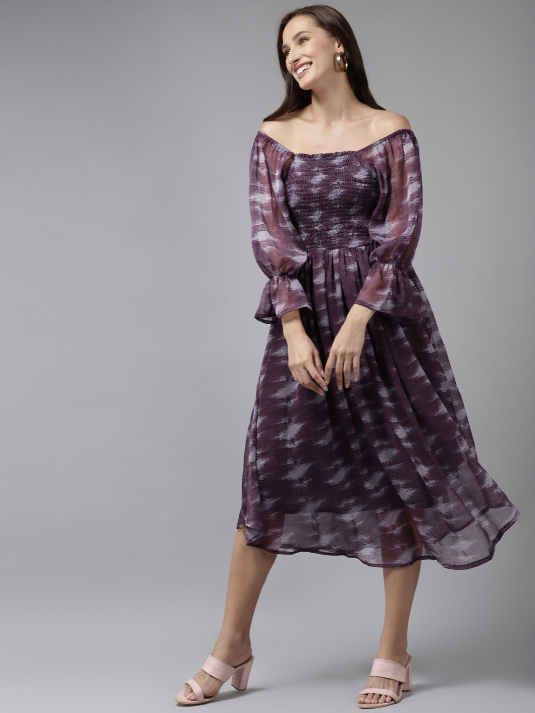 

BAESD Printed Off-Shoulder Cuffed Sleeve Fit & Flare Midi Dress, Purple