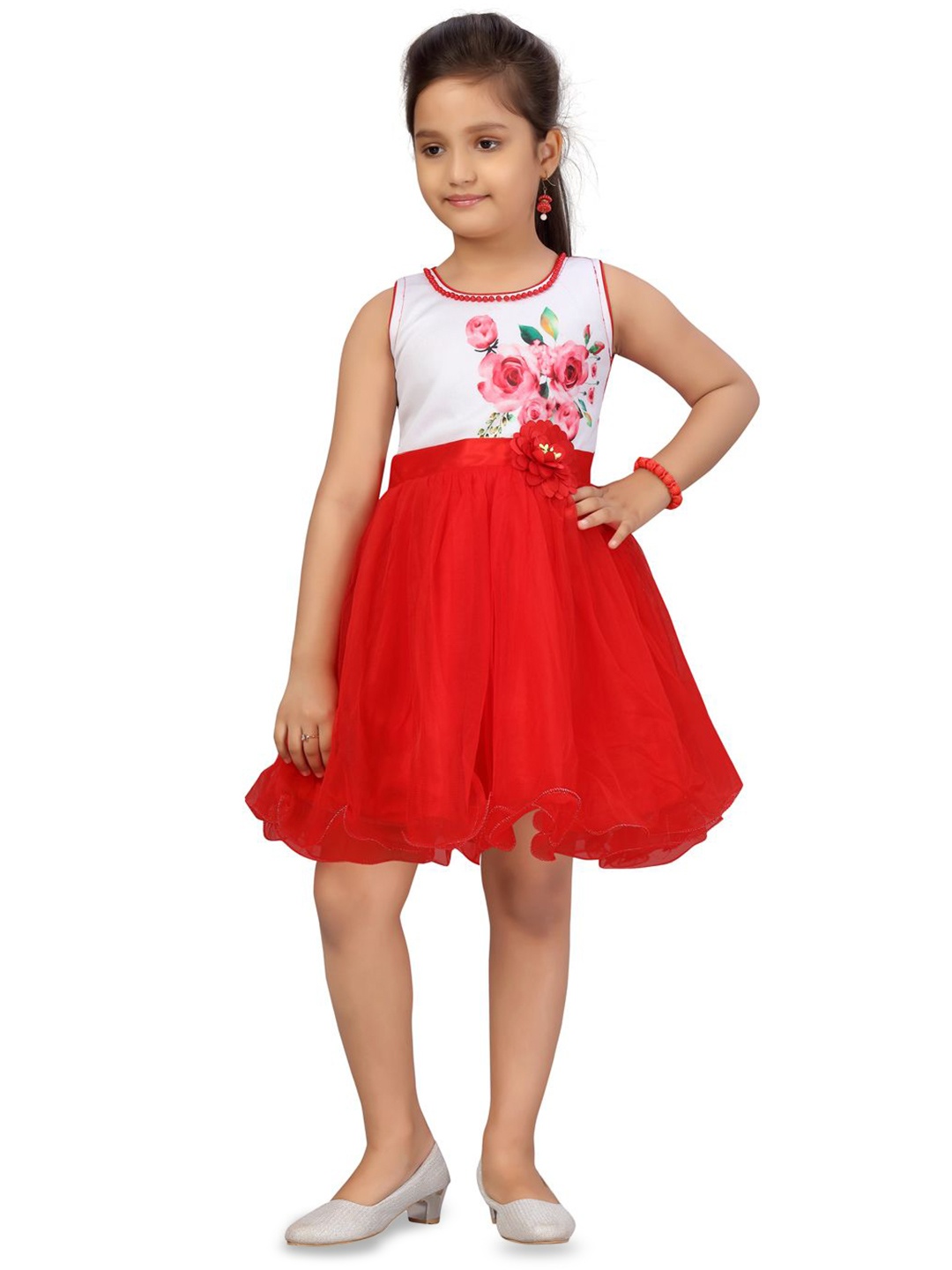 

BAESD Girls Sleeveless Floral Print Net Fit & Flare Dress, Red