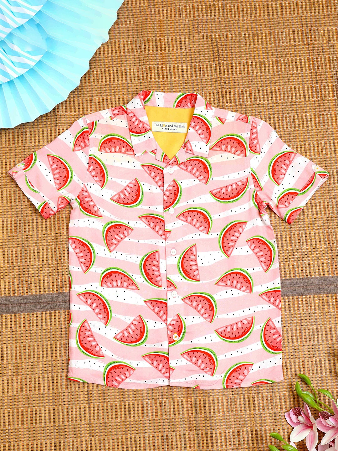 

The Lion and The Fish Boys Comfort Cuban Collar Graphic Printed Relaxed Fit Casual Shirt, Pink