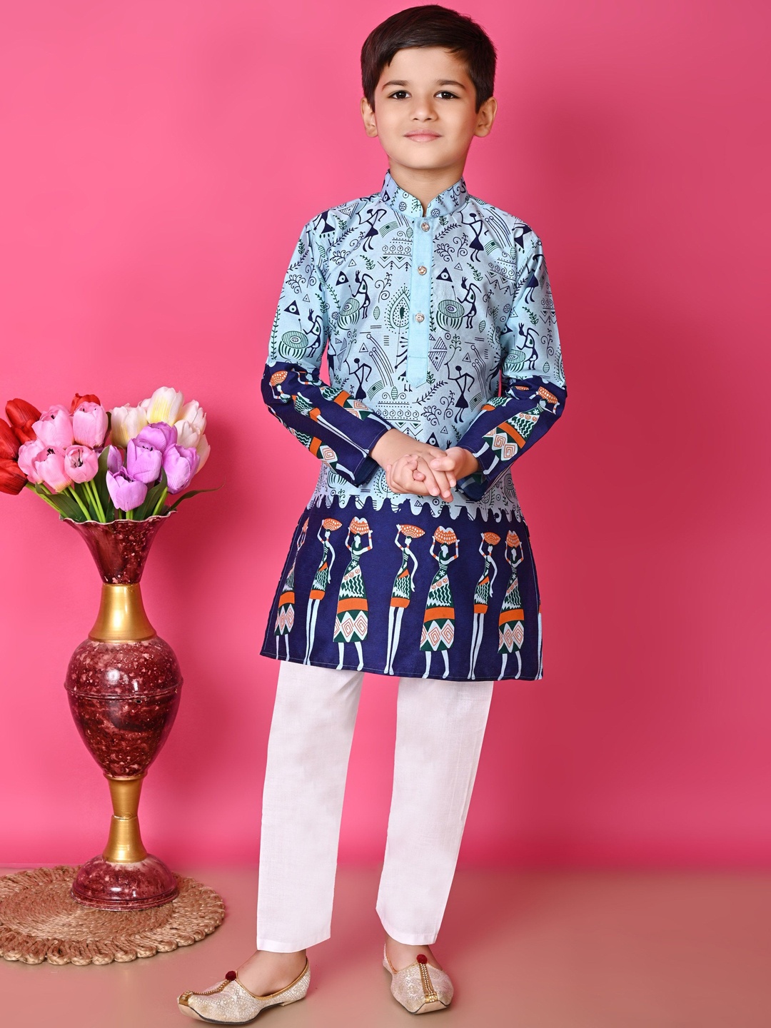 

BAESD Boys Ethnic Motifs Printed Dupion Silk Kurta with Pyjamas, Blue