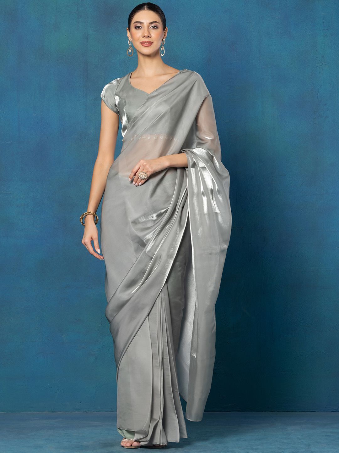 

Rang by Indya Embellished Organza Ready to Wear Saree with Blouse, Grey
