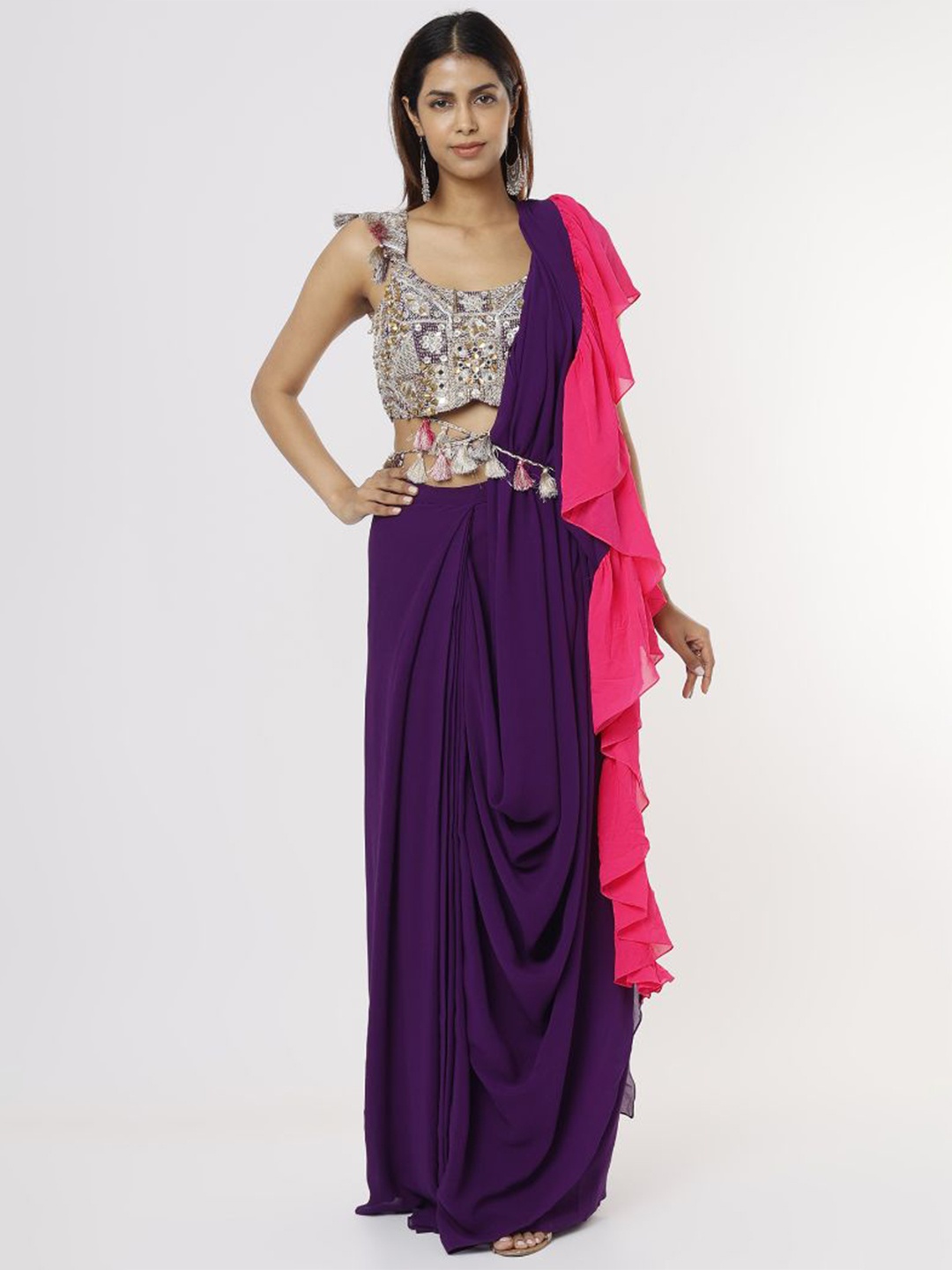 

Payal Singhal Embroidered Ruffled Saree With Stitched Blouse, Purple