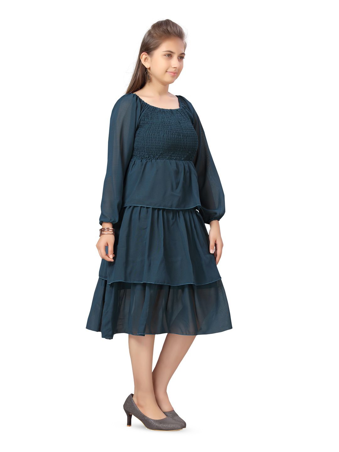 

BAESD Girls Puff Sleeve Georgette A-Line Midi Dress, Sea green