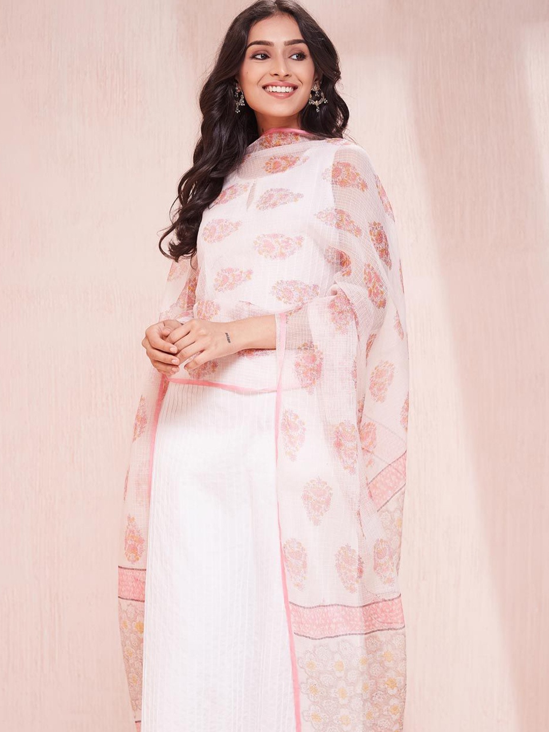

Fabindia Floral Printed Cotton Silk Dupatta, White