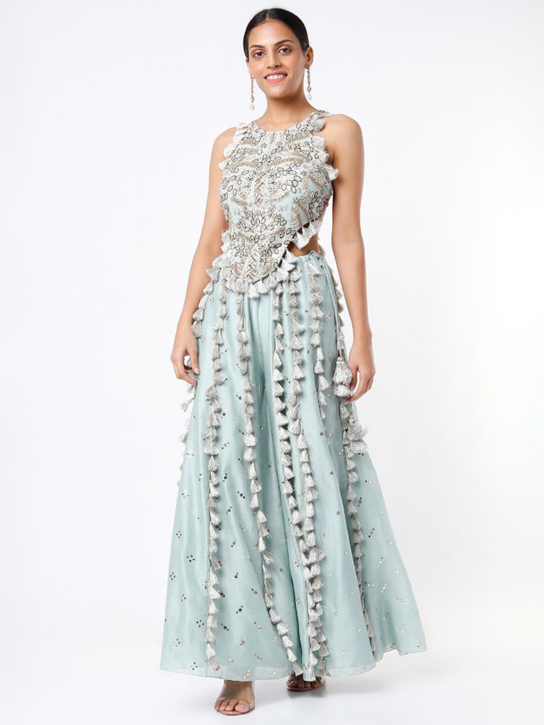 

Payal Singhal Embroidered Sleeveless Top & Flared Saharara Co-Ords, Blue