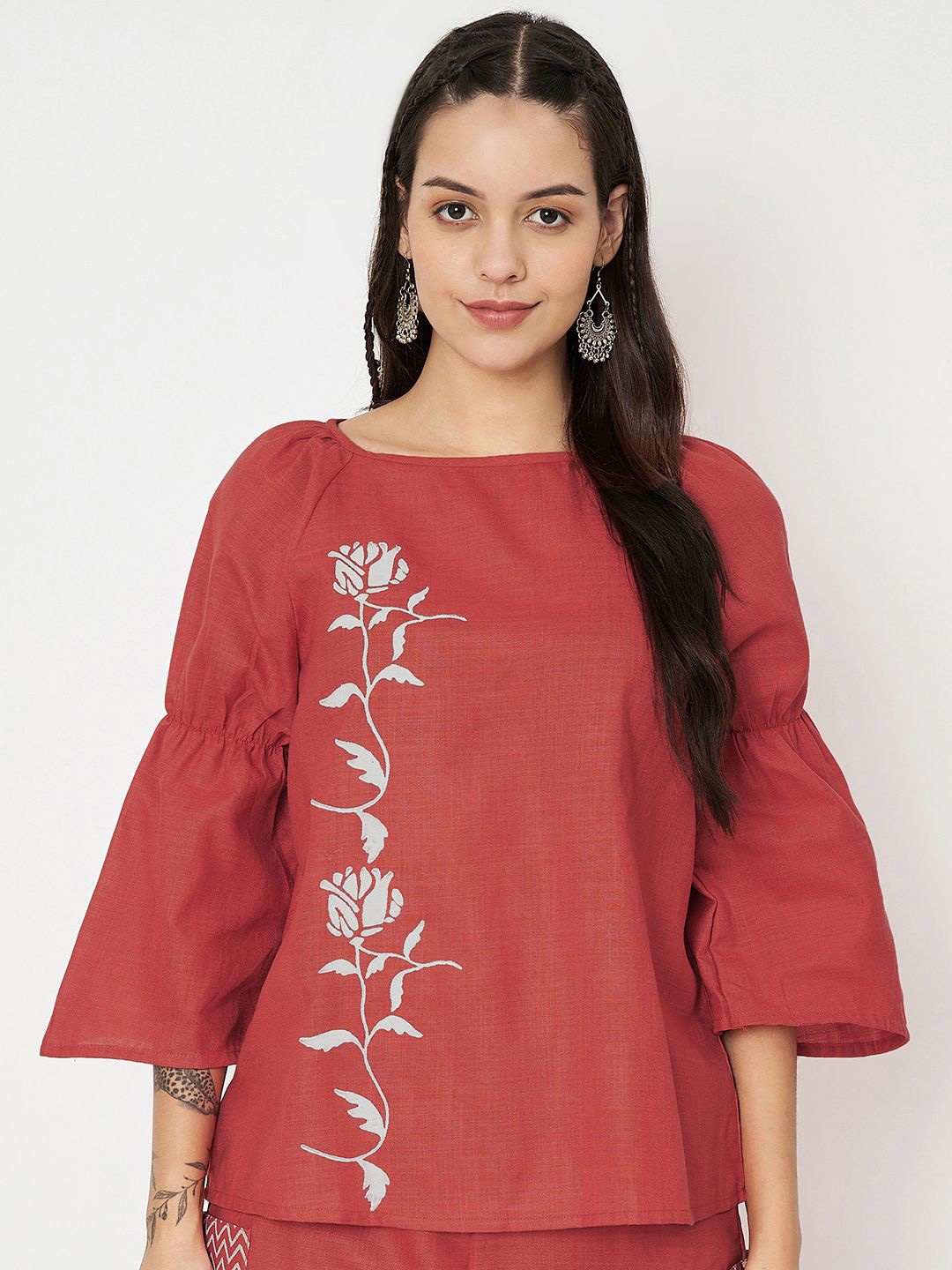 

9rasa Floral Print Bell Sleeve Cotton Top, Coral