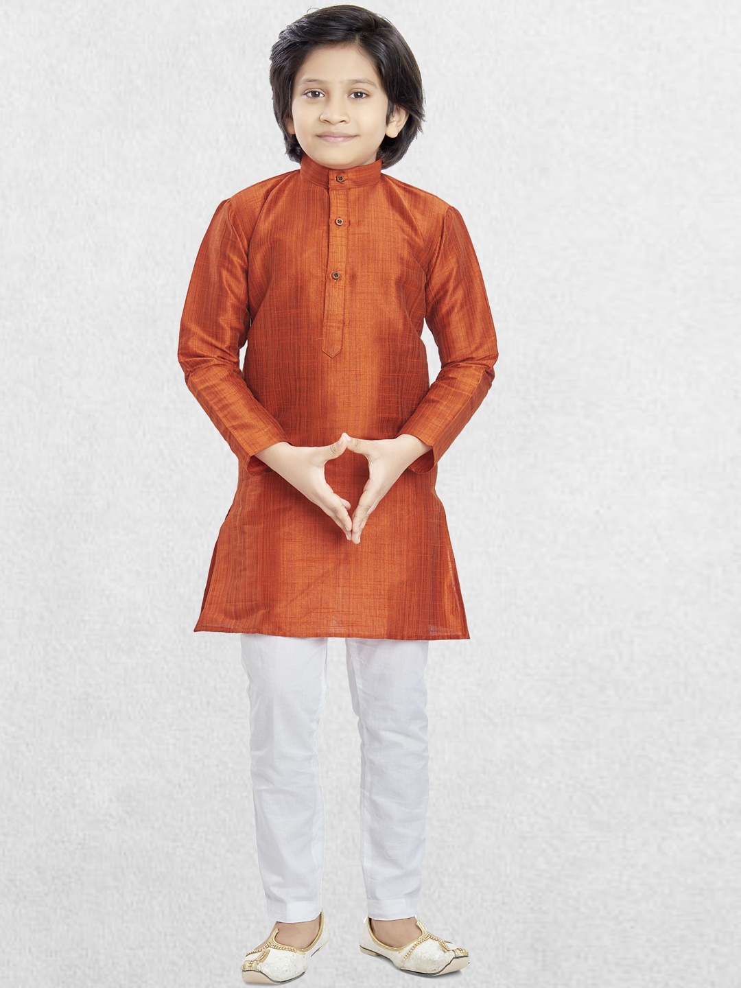 

SHIWAM ETHNIX Boys Band Collar Long Sleeves Cotton Silk Straight Kurta With Pyjamas, Rust
