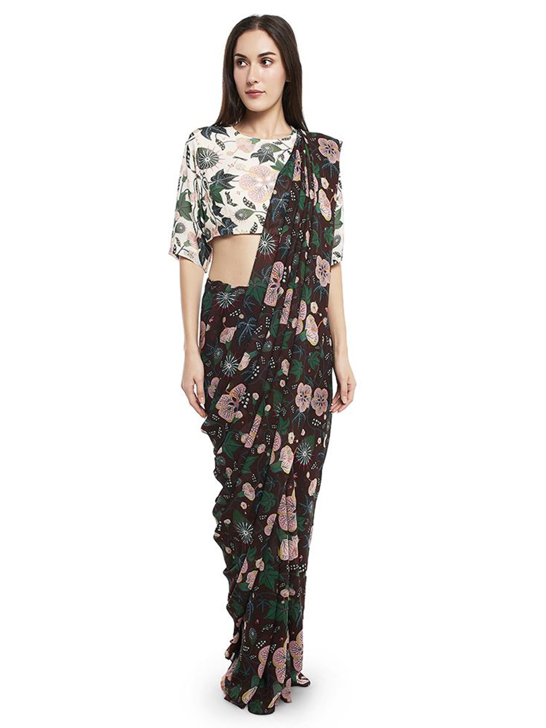 

PS PRET BY PAYAL SINGHAL Printed Georgette Saree With Blouse, Brown