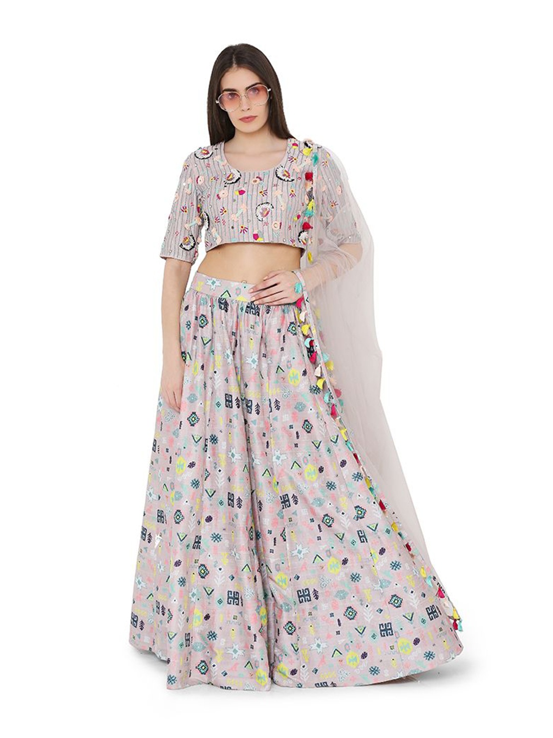 

Payal Singhal Printed Mirror Work Ready to Wear Lehenga & Blouse With Dupatta, Grey
