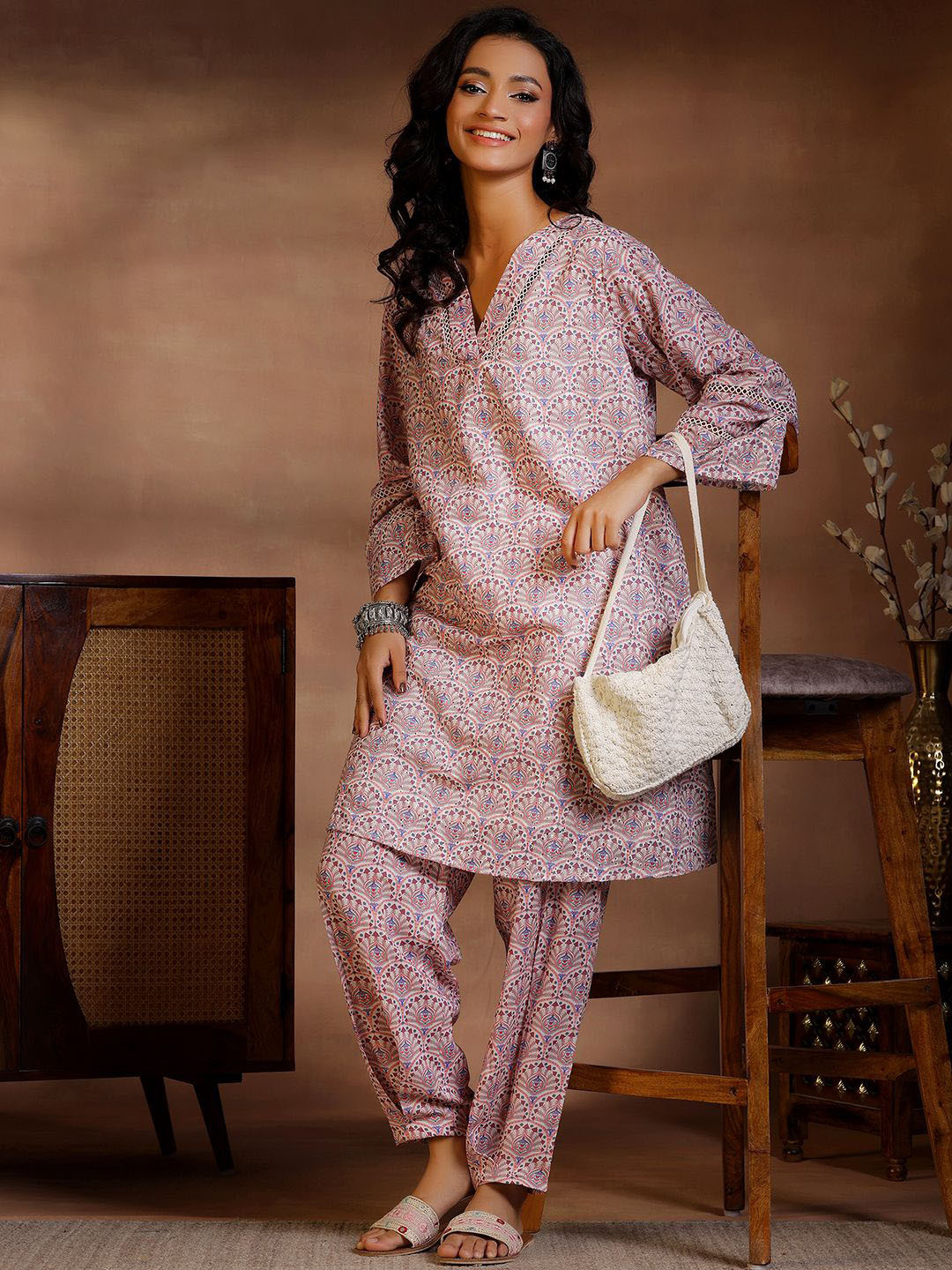

Libas Ethnic Motifs Printed V-Neck A-Line Kurta With Trousers, Beige
