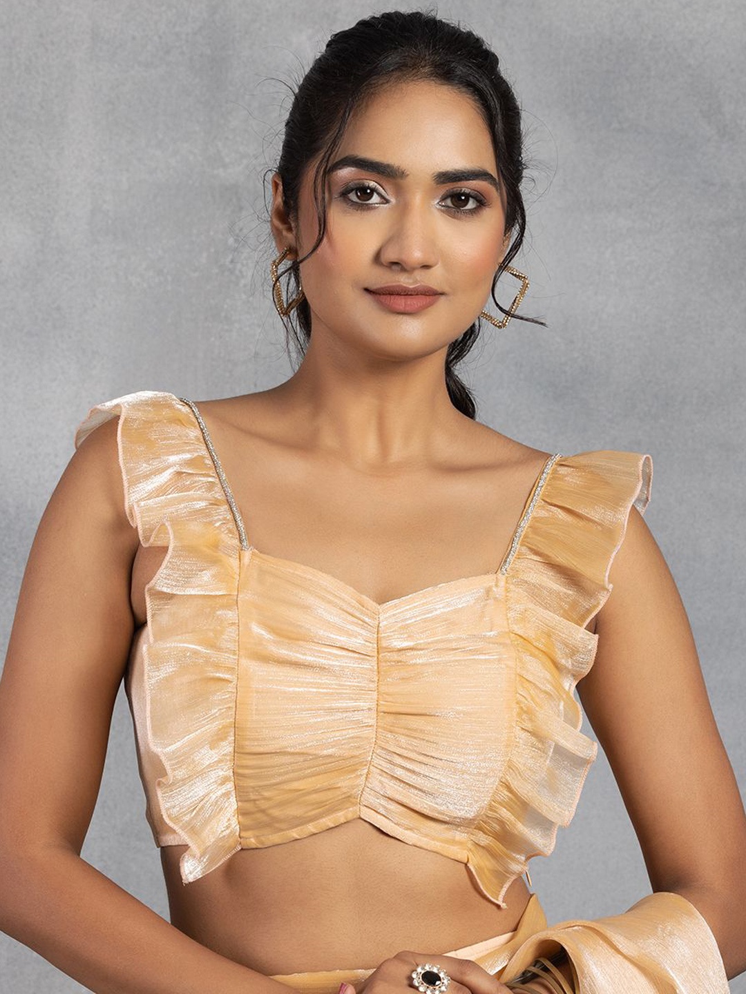 

Rang by Indya Embellished Ruched Shimmer Saree Blouse, Beige
