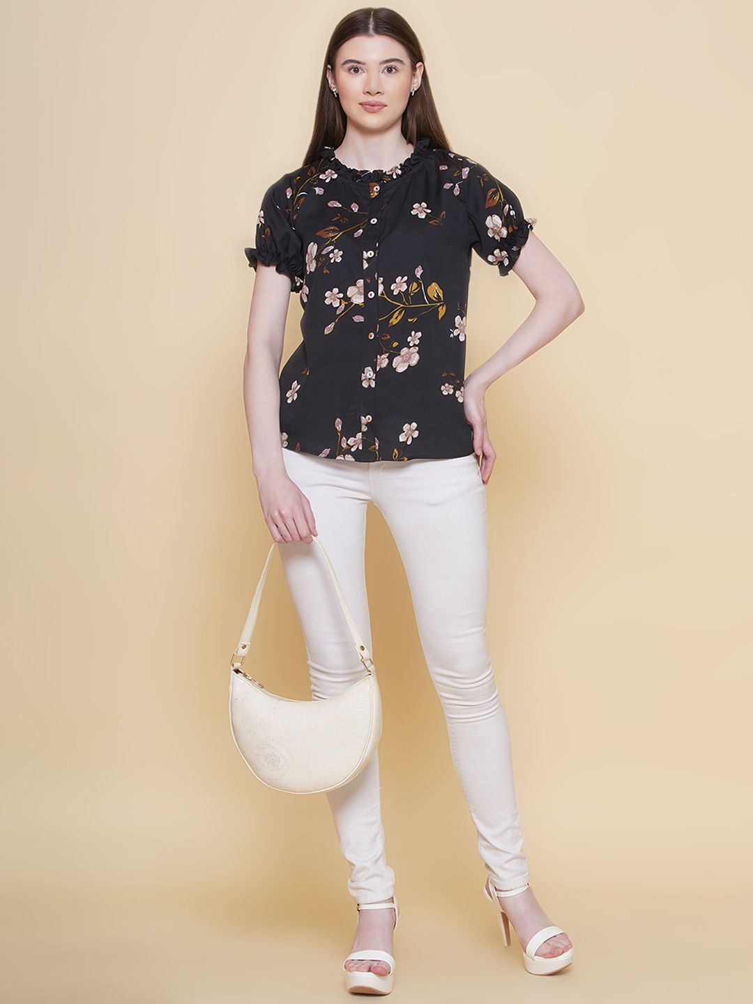 

Modish Couture Floral Print Mandarin Collar Shirt Style Top, Black