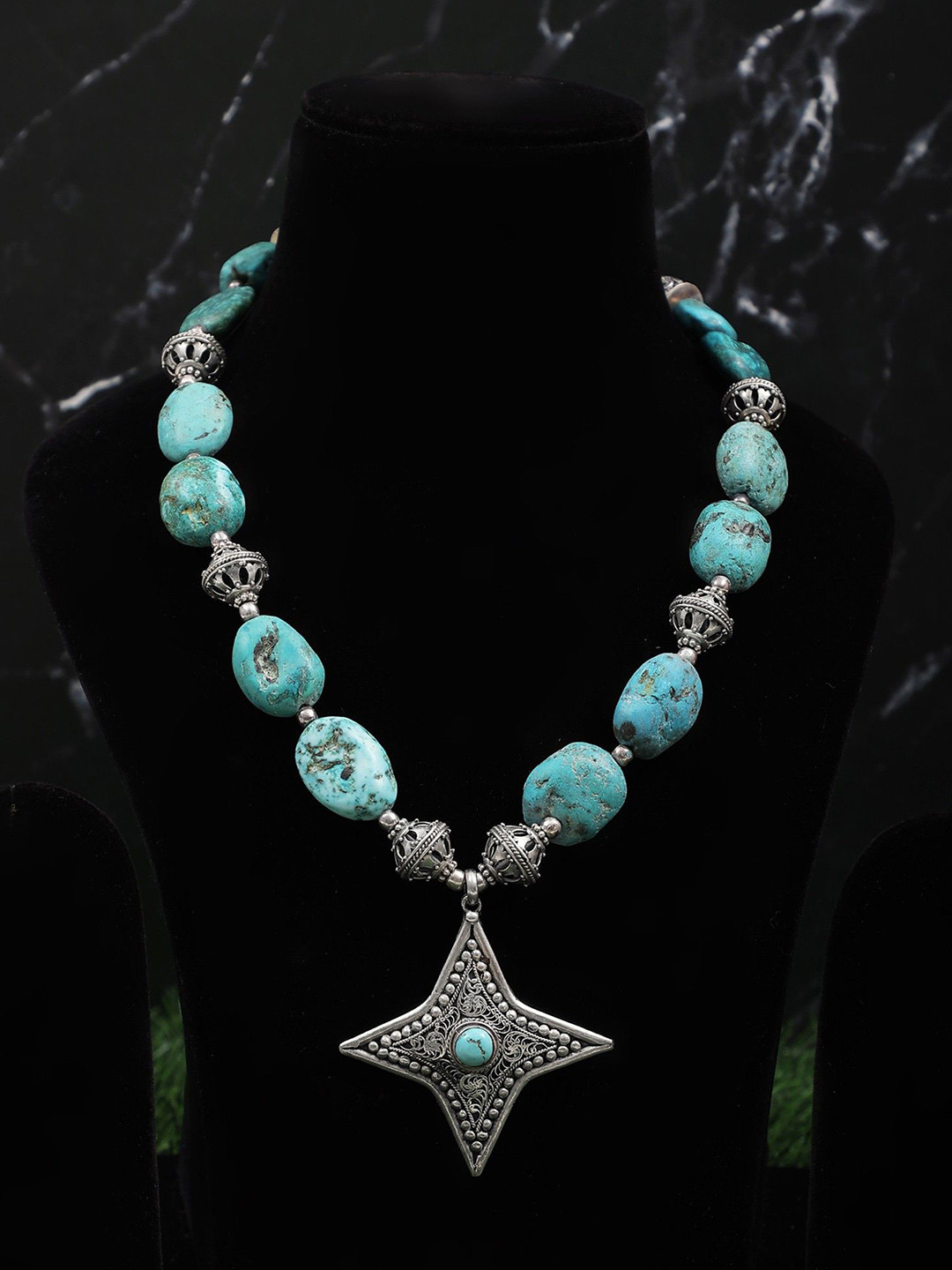 

Exotic India Turquoise Stone Filigree Work Sterling Silver Four-Pointed Star Necklace