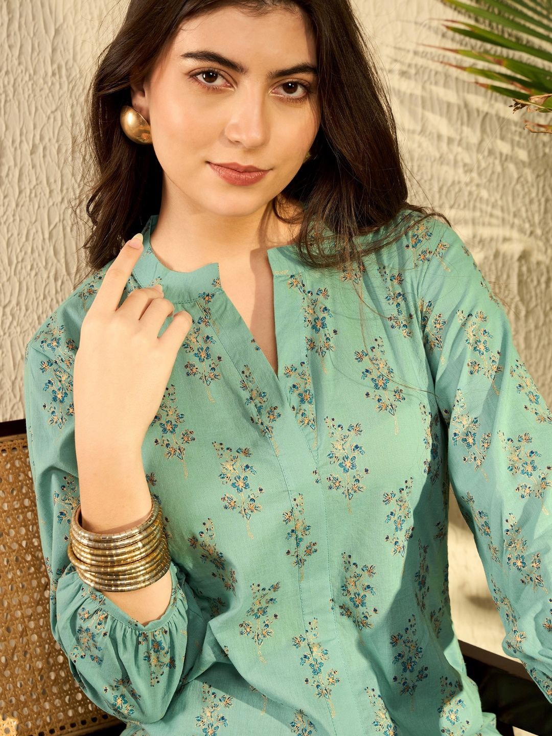 

AHIKA Floral Print Mandarin Collar Top, Sea green