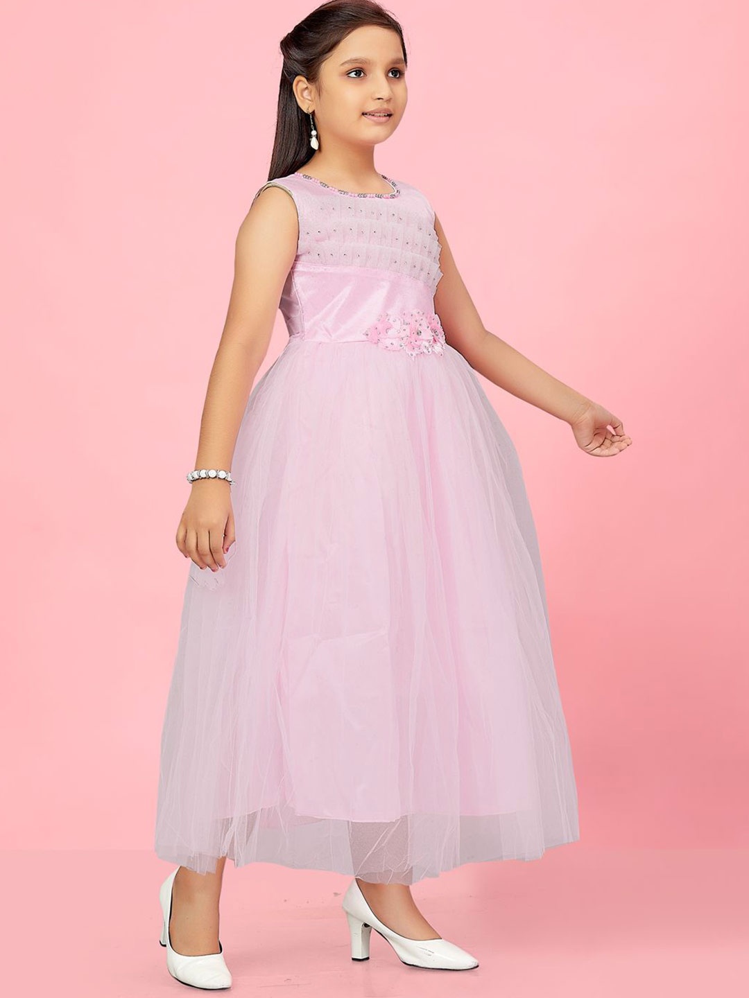 

BAESD Girls Embellished Round Neck Sleeveless Net Gown Maxi Dress, Pink