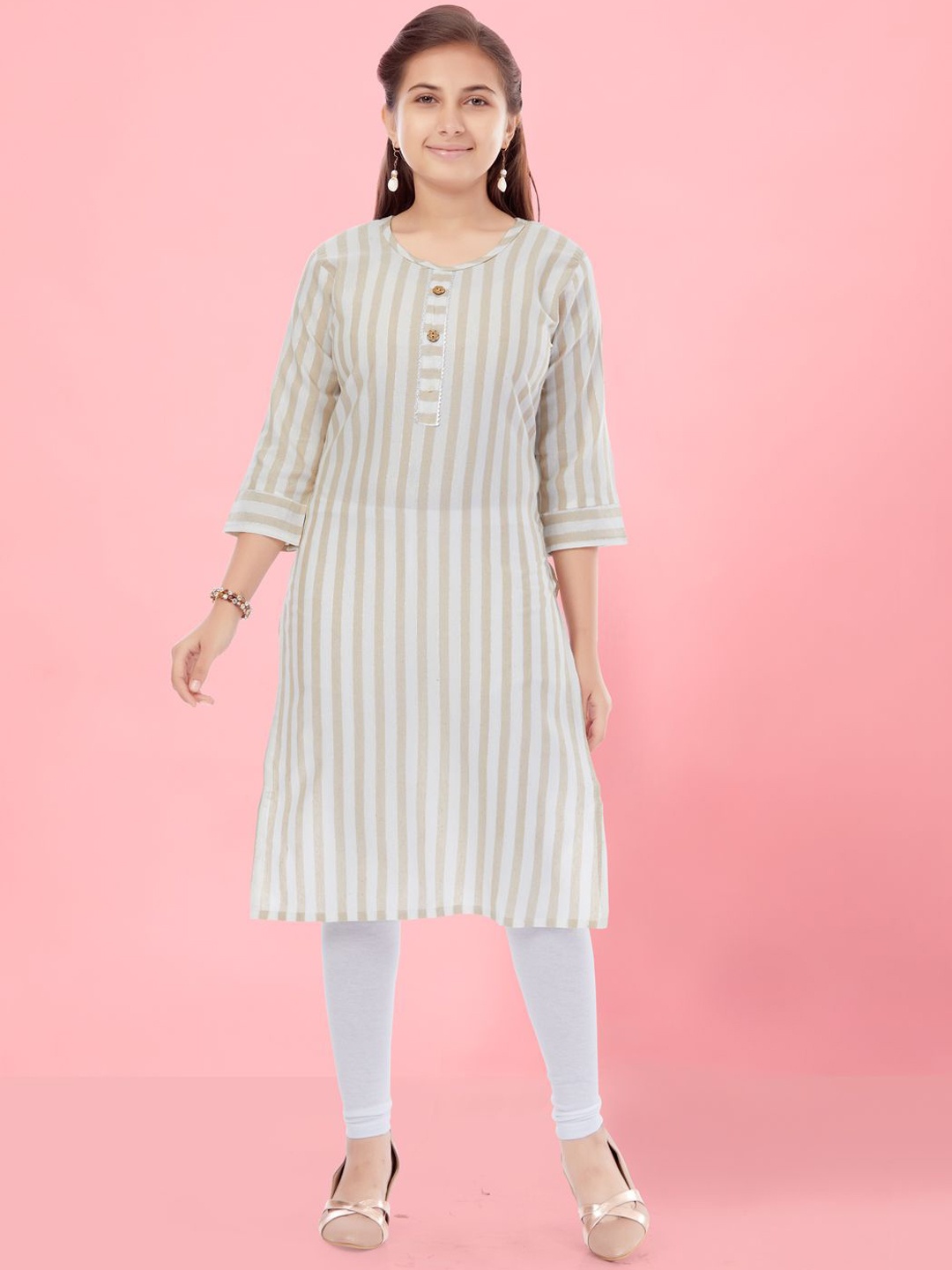 

BAESD Girls Striped Cotton Straight Kurta, Cream