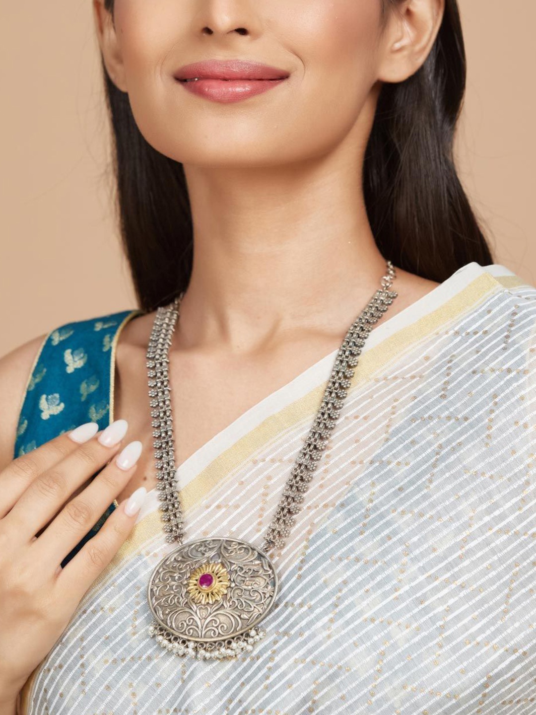 

Fabindia Stone Studded & Beaded Necklace, Silver