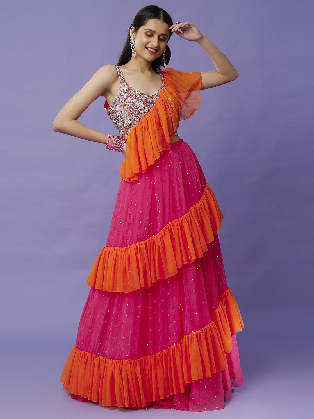 

Payal Singhal Embroidered U-Neck Mirror Work Ready to Wear Lehenga With Choli, Pink