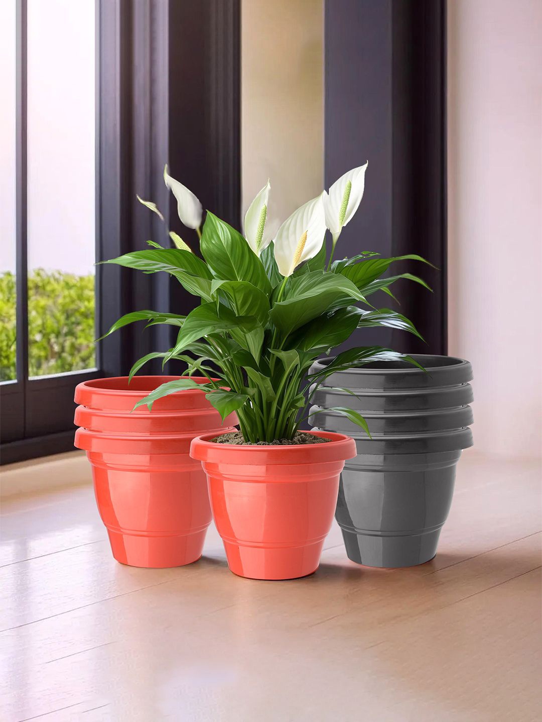 

Kuber Industries Red & Black 8 Pieces Lightweight Planters