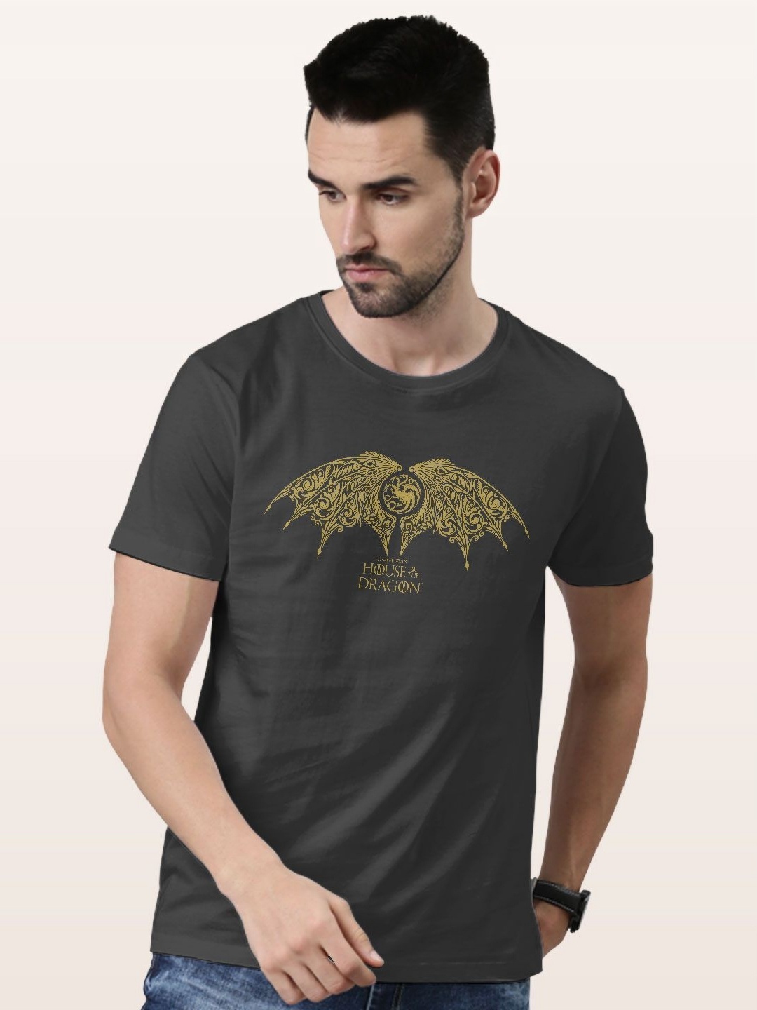 

macmerise Men Printed Drop-Shoulder Sleeves Raw Edge T-shirt, Grey