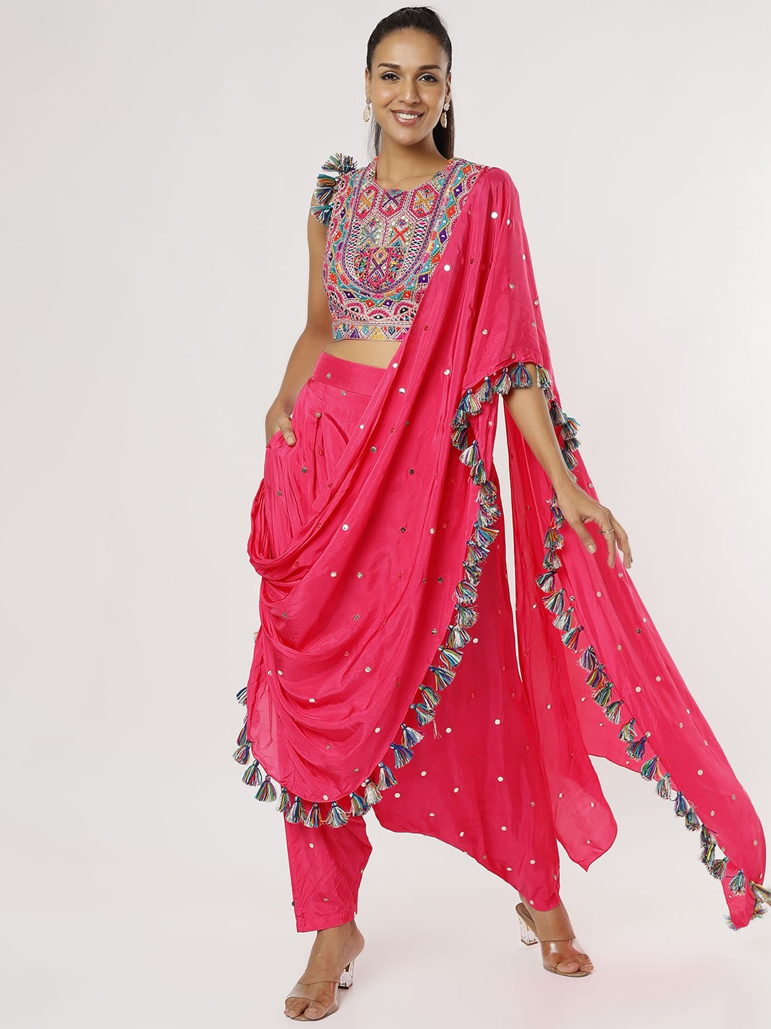 

Payal Singhal Embroidered Top & harem Pant With Attached Drape, Pink