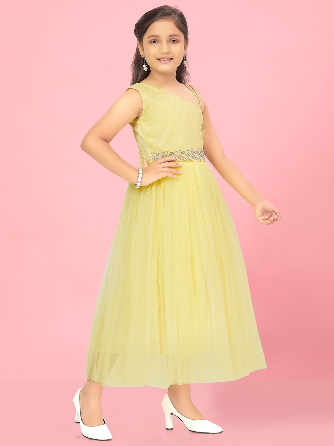 

BAESD Girls One Shoulder Sleeveless Net Maxi Gown Dress, Yellow