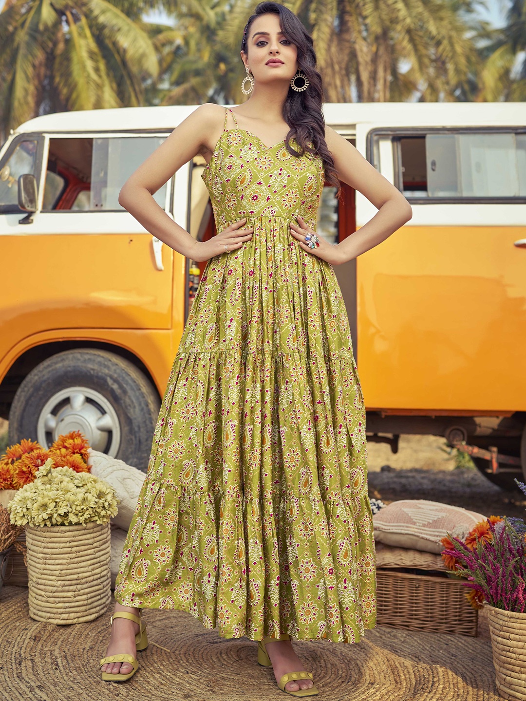 

CHANSI Shoulder Strap Ethnic Motif Fit & Flared Tiered Maxi Dress, Green