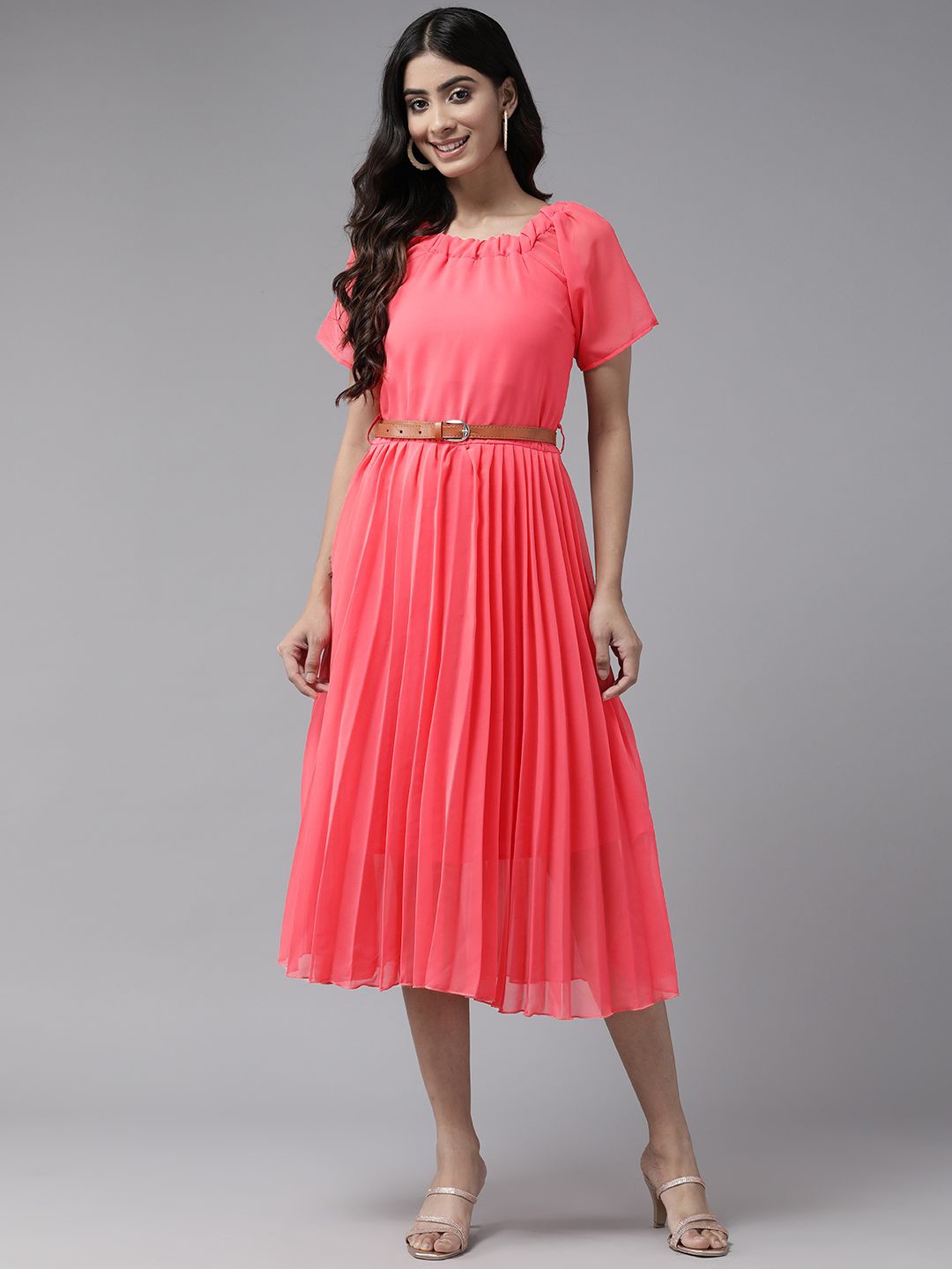 

BAESD Women Round Neck Georgette A-Line Midi Dress, Red