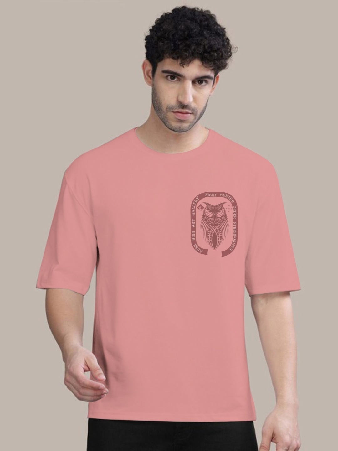 

AUSK Men Graphic Printed Round Neck Cotton Oversized T-shirt, Peach