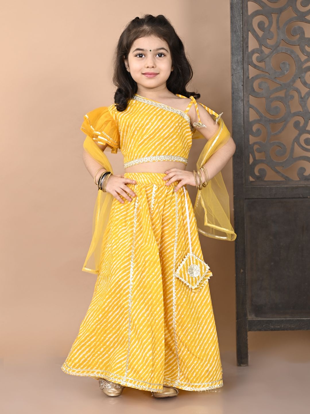 

Superminis Girls Leheriya Printed Cotton Ready to Wear Lehenga & Blouse With Dupatta, Yellow