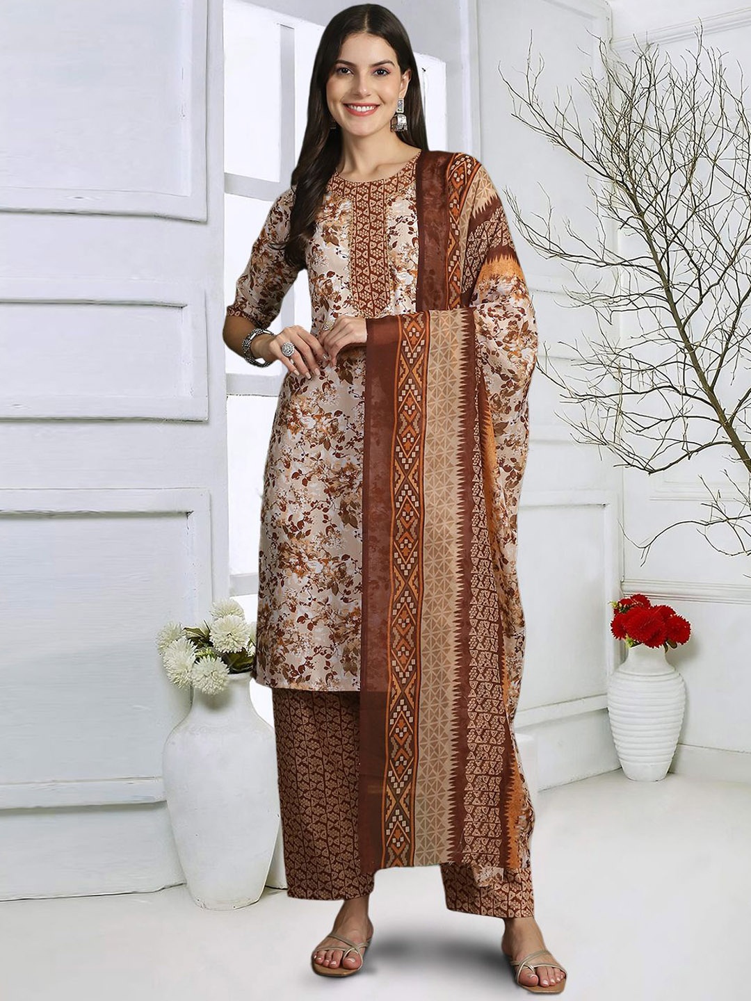 

7Threads Floral Printed Pure Cotton Kurta with Trousers & Dupatta, Beige