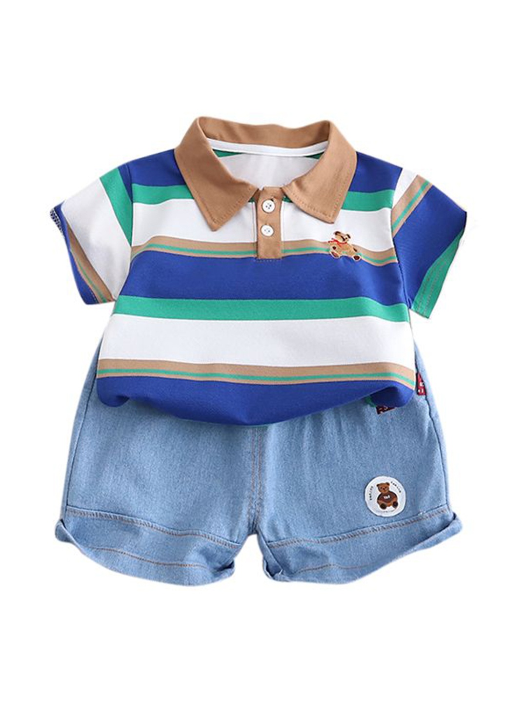 

StyleCast x Revolte Boys Striped Polo Collar Pure Cotton T-shirt with Shorts, Blue