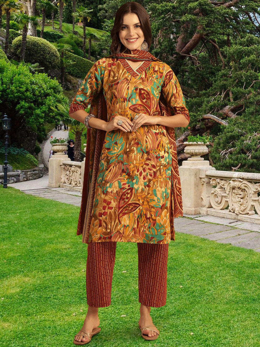 

1 Stop Fashion Floral Printed V-Neck Pure Cotton Straight Kurta with Trousers & Dupatta, Mustard