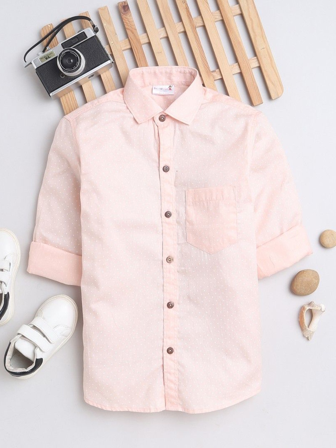 

BAATCHEET Boys Spread Collar Micro Ditsy Printed Cotton Casual Shirt, Peach