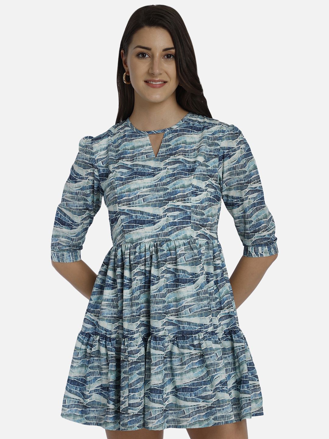 

Yaadleen Printed Keyhole Neck Crepe Fit & Flare Dress, Blue