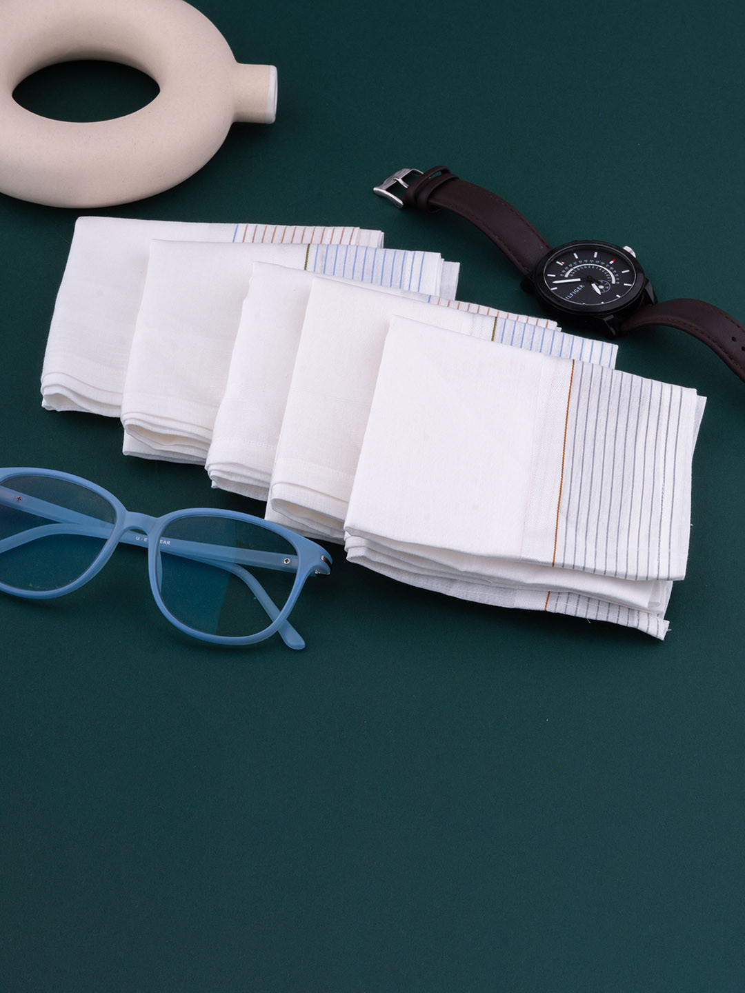 

CROSSLINE Men Pack Of 5 Striped Pure Cotton Handkerchiefs, White