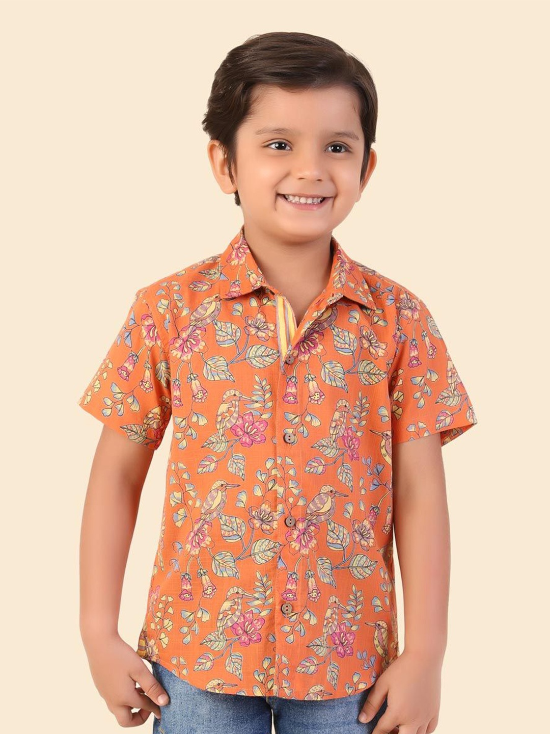 

Fabindia Boys Floral Opaque Printed Casual Shirt, Orange