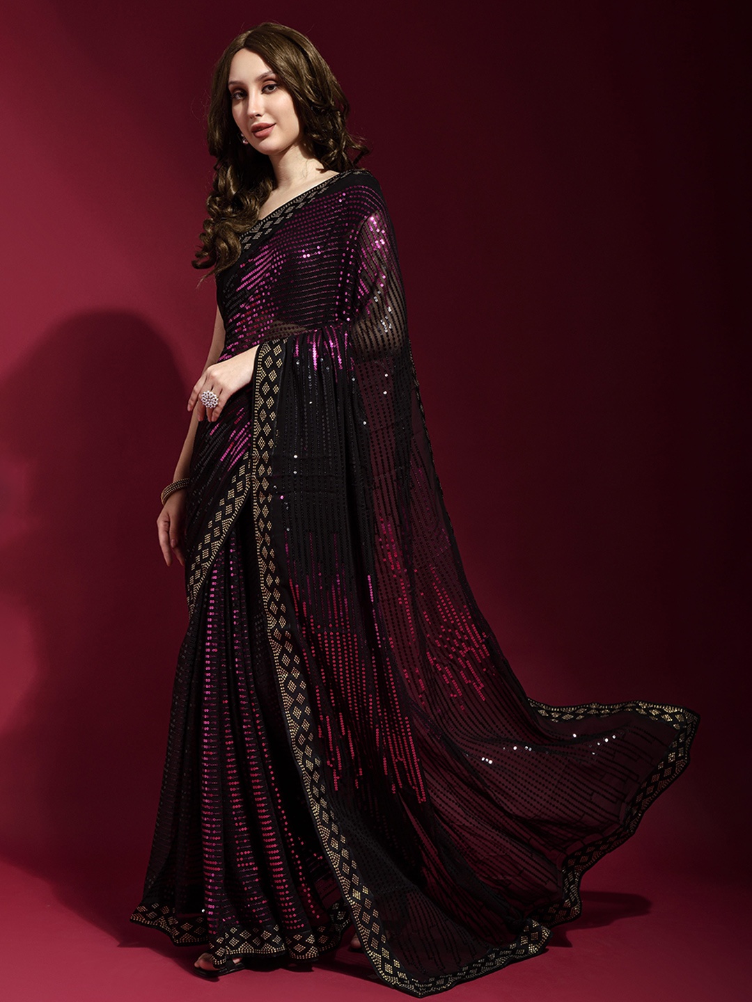 

QVAZOR Embellished Sequinned Pure Georgette Saree, Pink