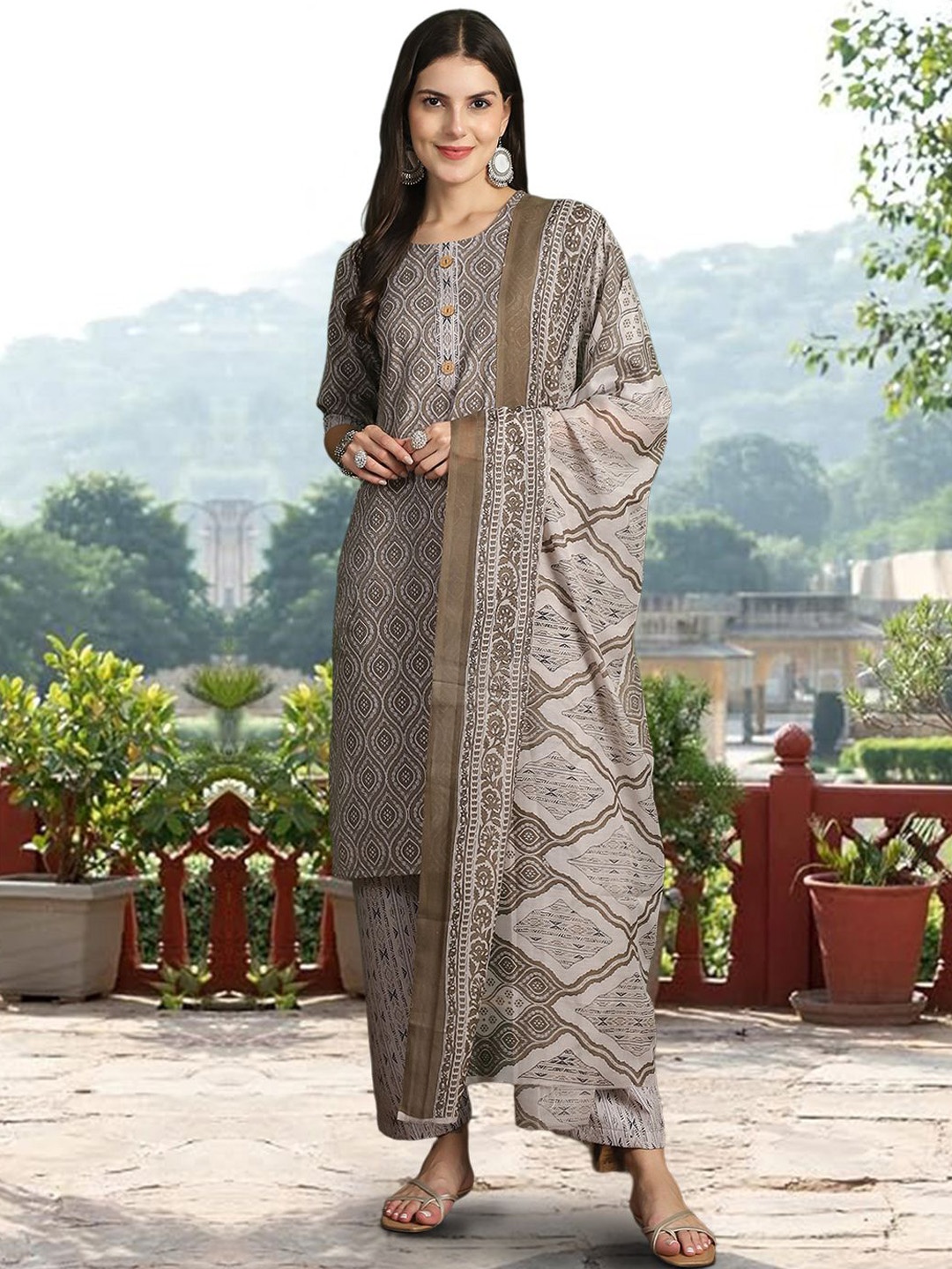 

1 Stop Fashion Geometric Printed Pure Cotton Straight Kurta With Trousers & Dupatta, Grey melange