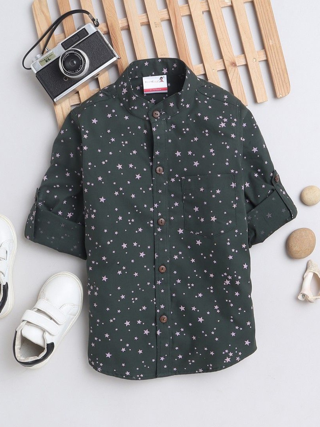 

BAATCHEET Boys Band Collar Conversational Printed Cotton Casual Shirt, Green
